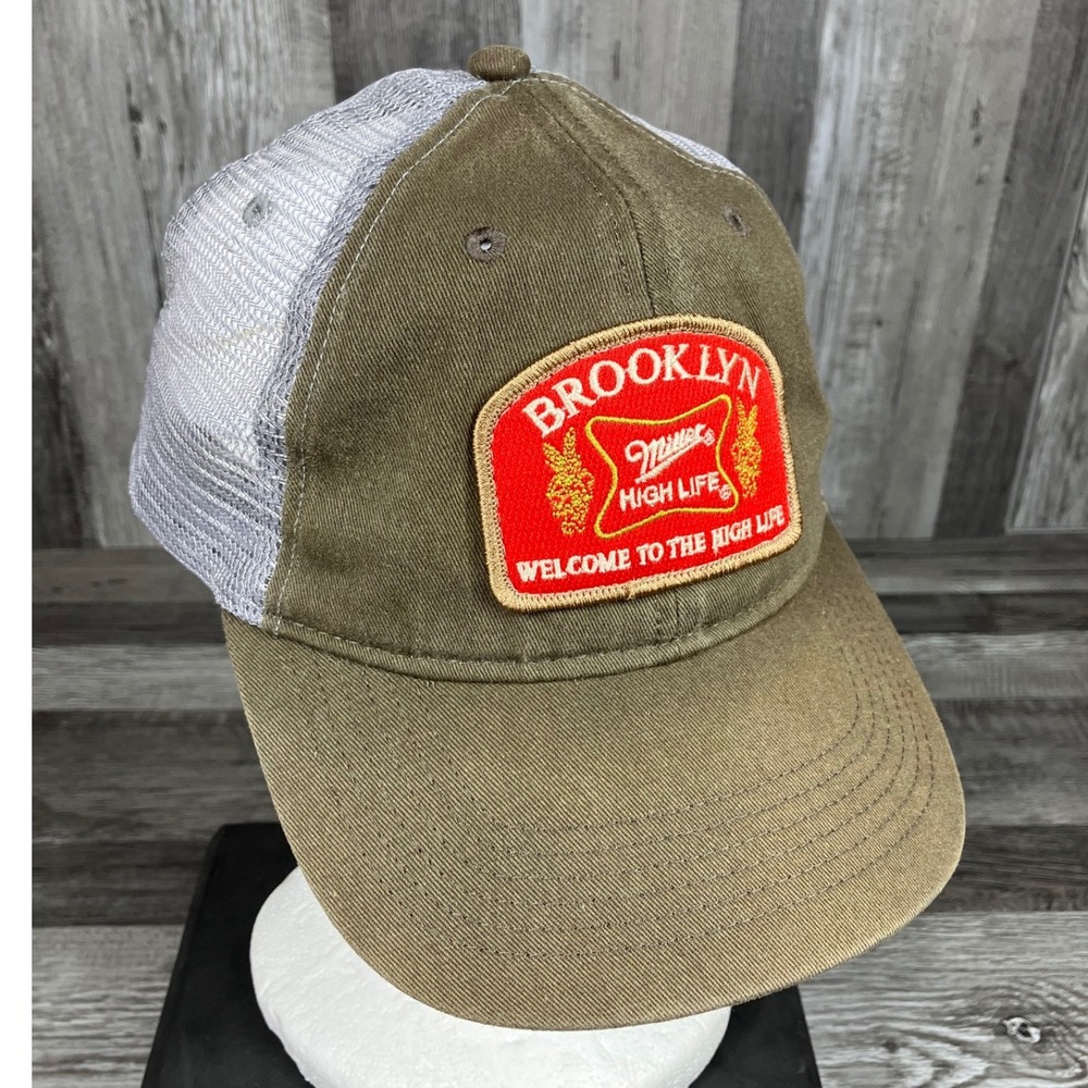 Miller High Life Brooklyn Trucker Hat Olive Green Grey Snapback Mesh Cap 2023